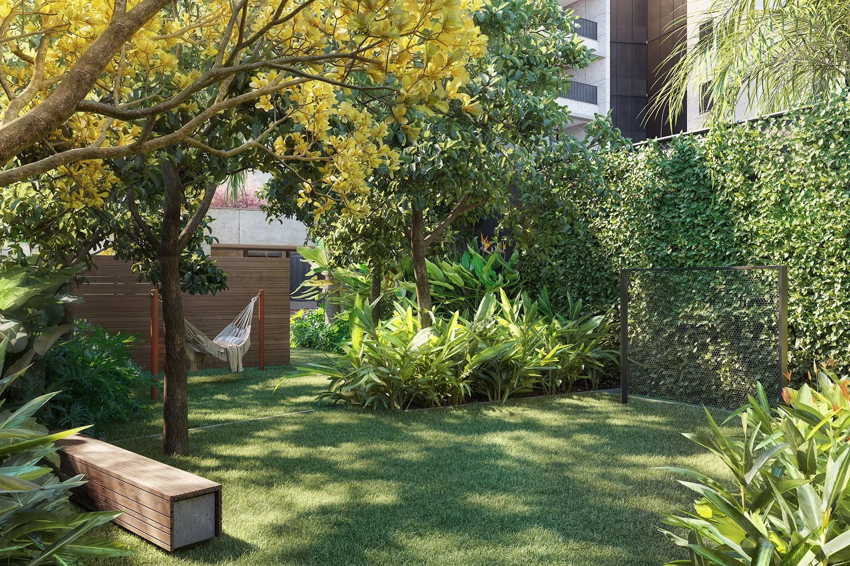 Jardim com área de chute a gol do ESQUINA Pinheiros. Perspectiva artística