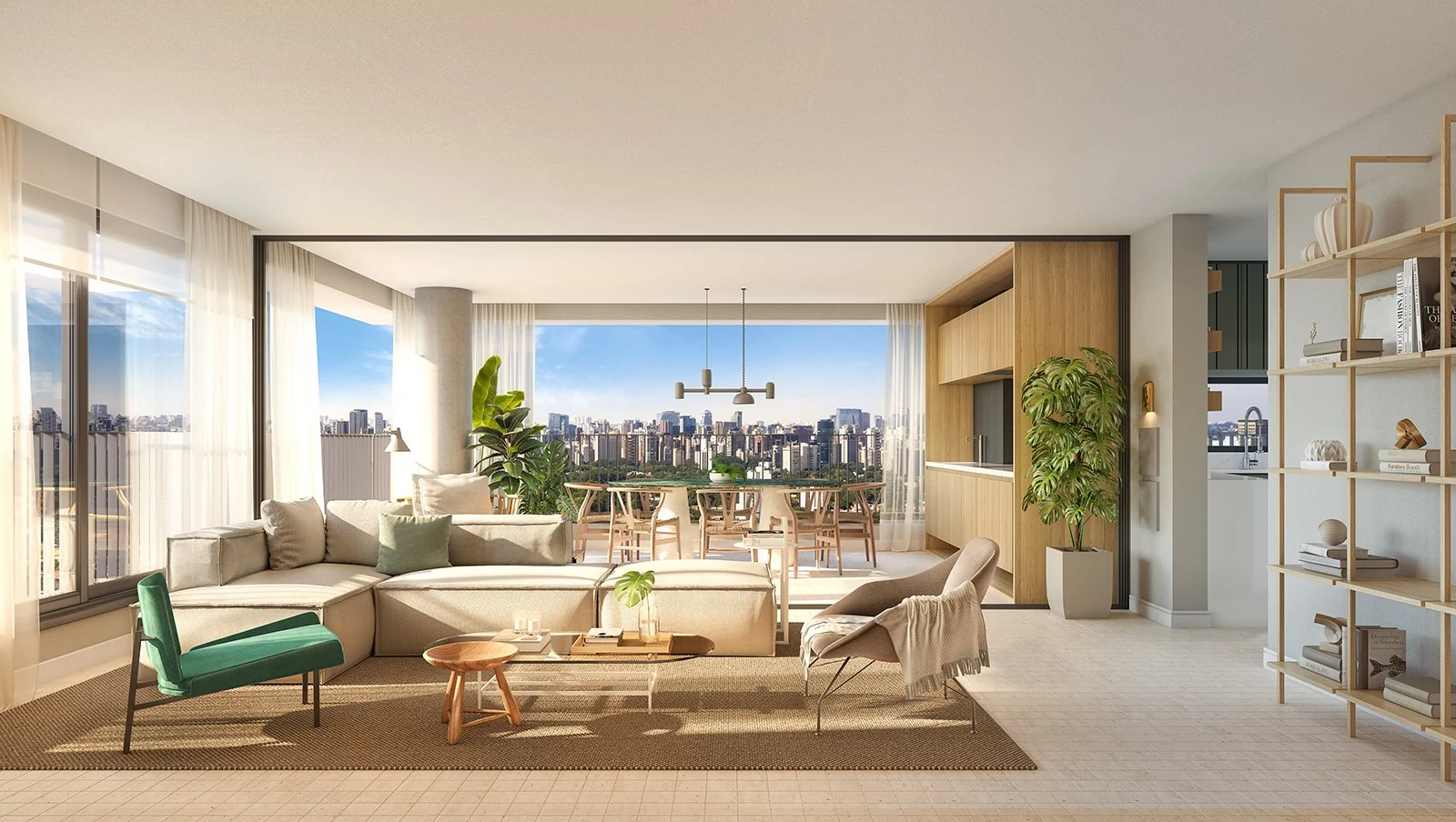 Living do apartamento de 134 m² do ESQUINA Pinheiros. Perspectiva artística