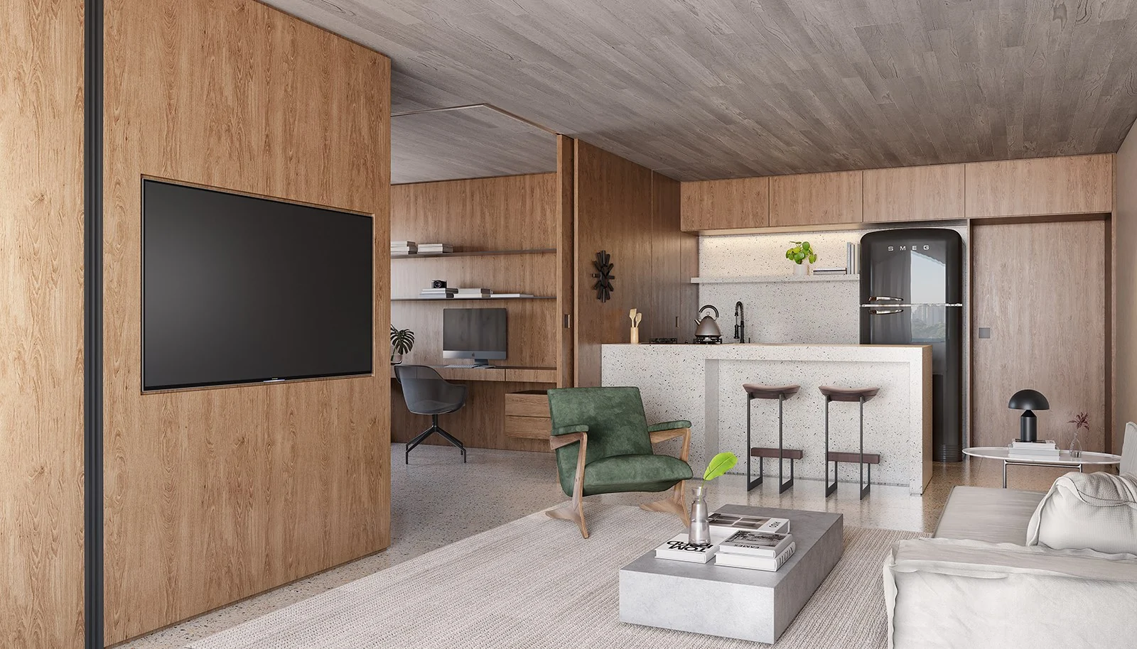 Living do apartamento de 82 m² do ESQUINA Pinheiros. Perspectiva artística