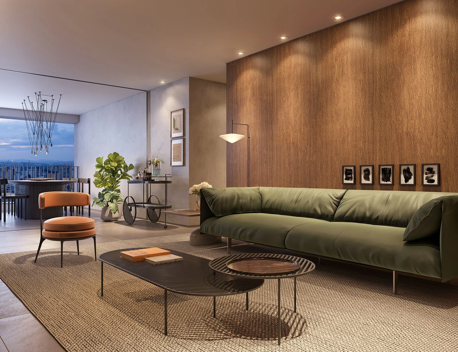 Living do apartamento de 96 m² do ESQUINA Pinheiros. Perspectiva artística
