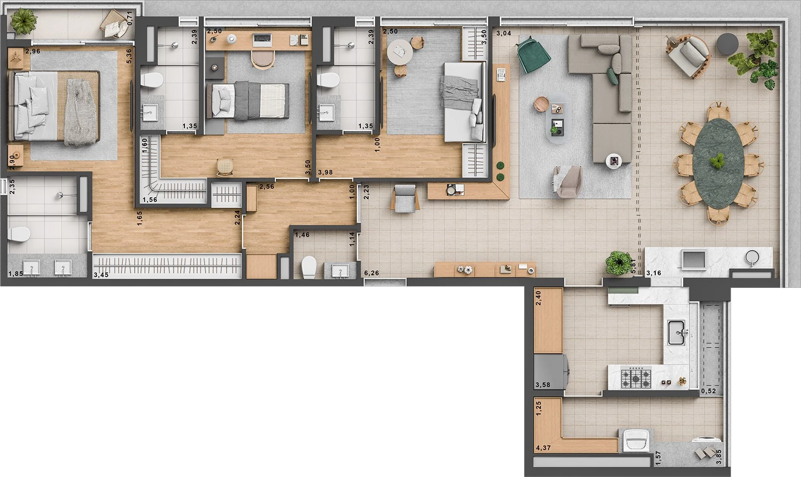 Planta do apartamento de 134 m² com 3 suítes do ESQUINA Pinheiros. Planta ilustrativa