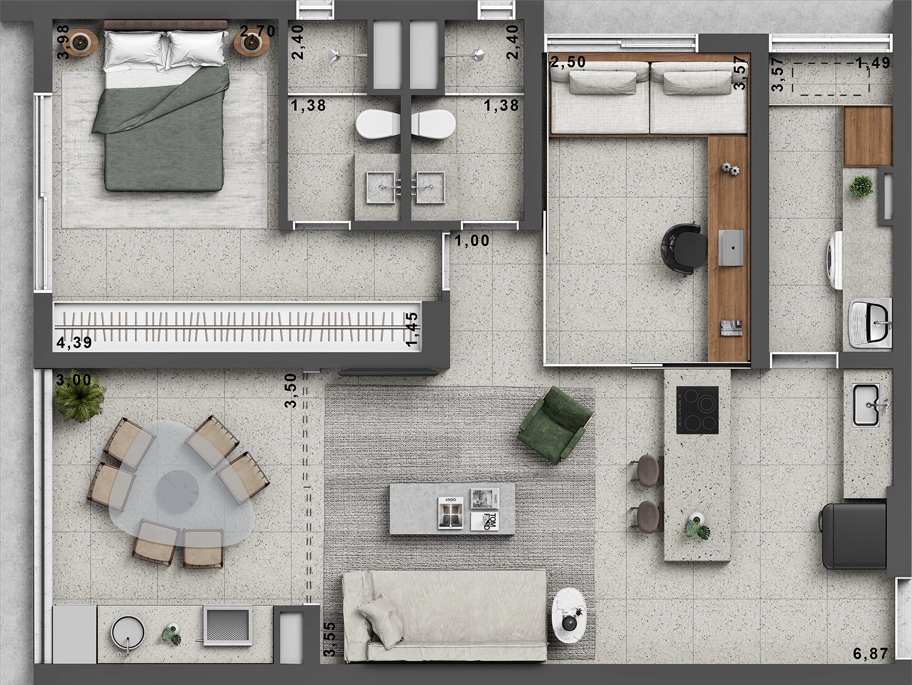 Planta do apartamento de 82 m² com 2 dormitórios e 1 suíte do ESQUINA Pinheiros. Planta ilustrativa