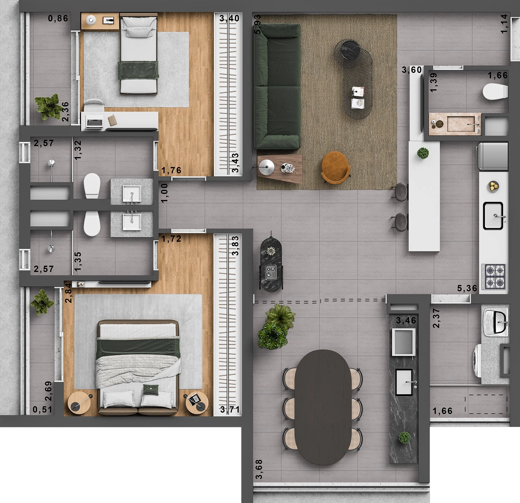 Planta do apartamento de 96 m² com 2 suítes do ESQUINA Pinheiros. Planta ilustrativa