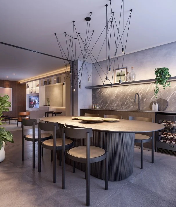 Sala de jantar do apartamento de 96 m² do ESQUINA Pinheiros. Perspectiva artística
