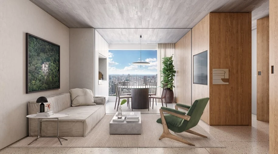 Terraço do apartamento de 82 m² do ESQUINA Pinheiros. Perspectiva artística